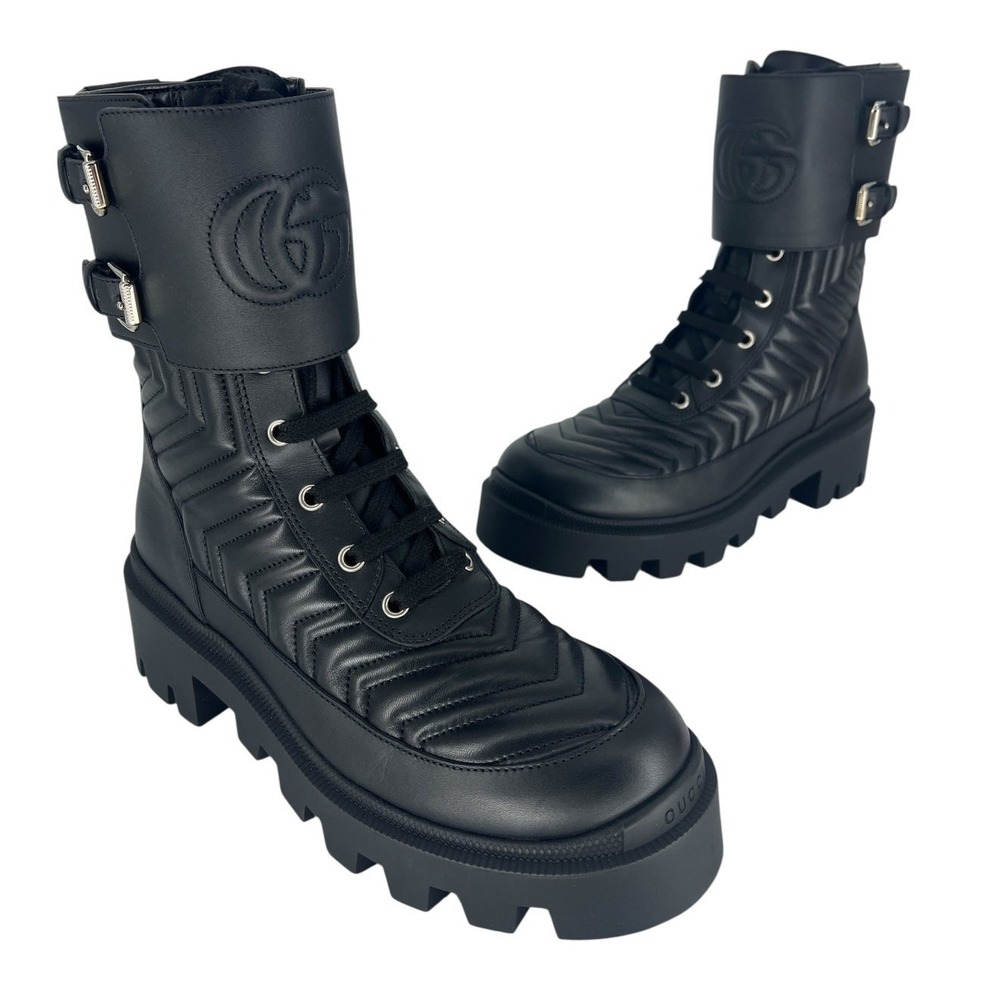 Gucci Frances Quilted Leather Combat Boots in Black Size 37.5 - Picture 4 of 16